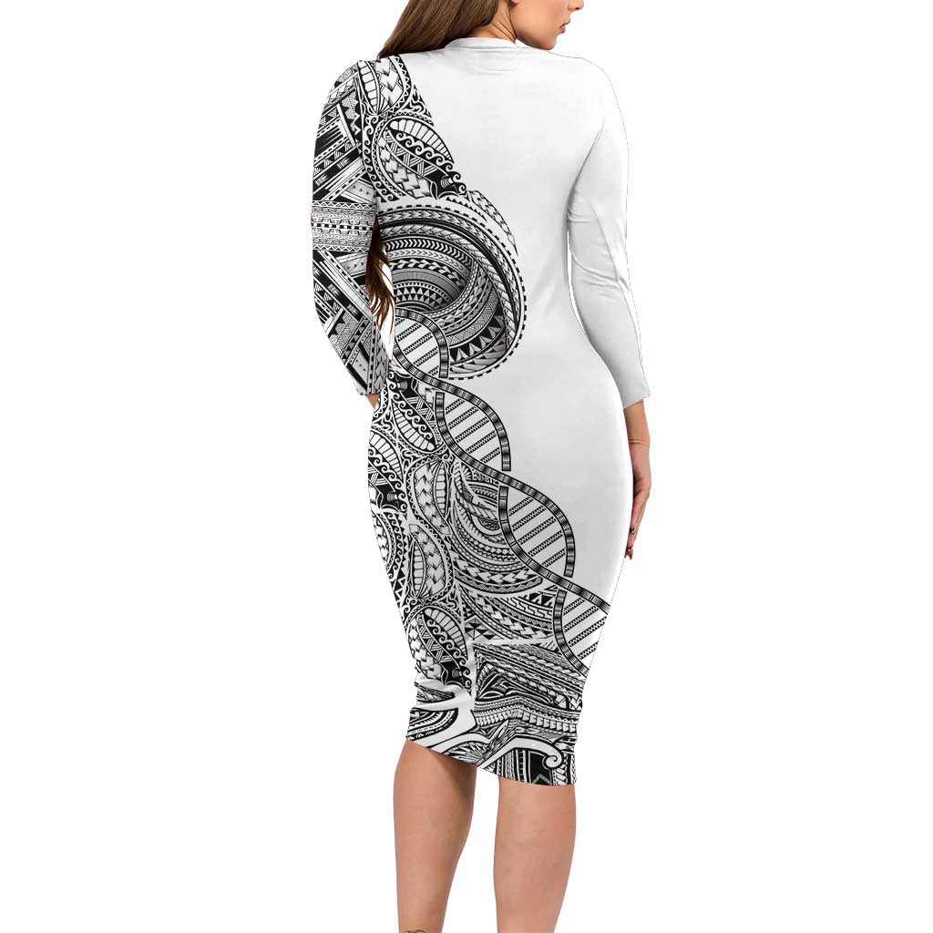 Samoan DNA Art Tattoo Family Matching Long Sleeve Bodycon Dress and Hawaiian Shirt Polynesian Pattern White Color