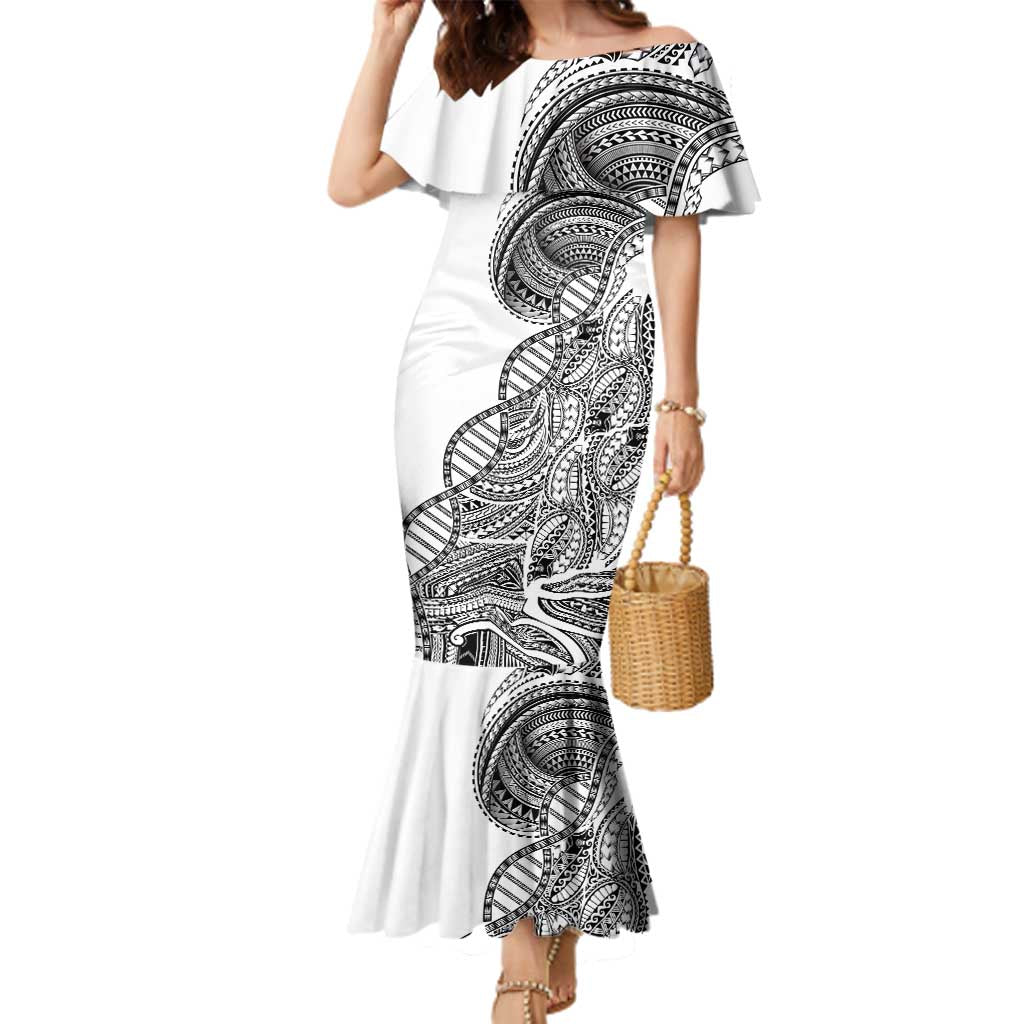 Samoan DNA Art Tattoo Family Matching Mermaid Dress and Hawaiian Shirt Polynesian Pattern White Color LT03 Mom's Dress White - Polynesian Pride