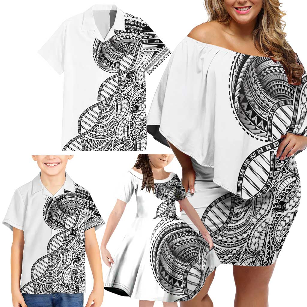 Samoan DNA Art Tattoo Family Matching Off Shoulder Short Dress and Hawaiian Shirt Polynesian Pattern White Color LT03 - Polynesian Pride