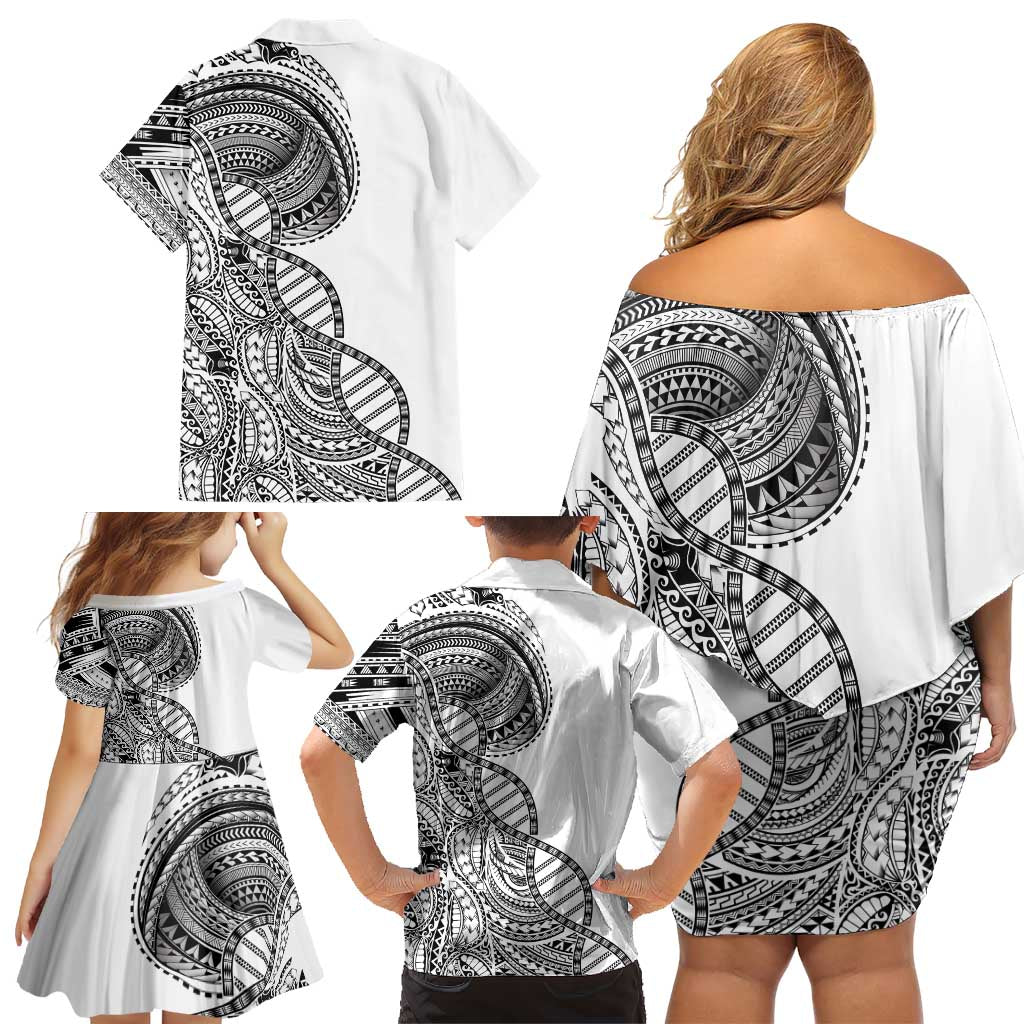 Samoan DNA Art Tattoo Family Matching Off Shoulder Short Dress and Hawaiian Shirt Polynesian Pattern White Color LT03 - Polynesian Pride