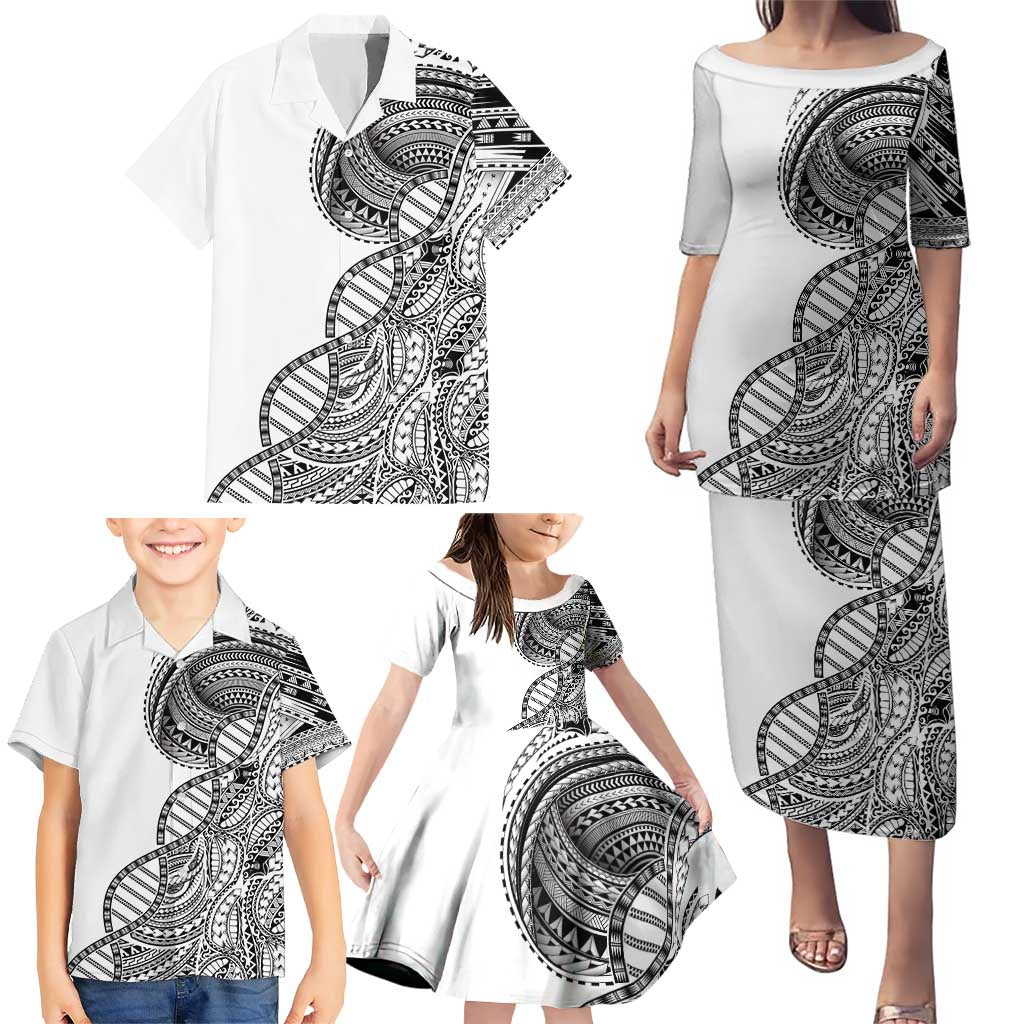 Samoan DNA Art Tattoo Family Matching Puletasi and Hawaiian Shirt Polynesian Pattern White Color