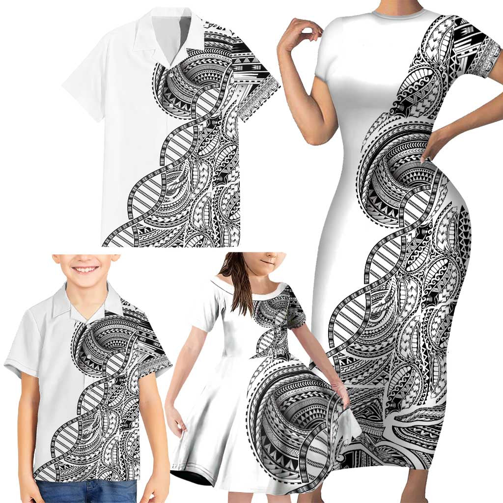 Samoan DNA Art Tattoo Family Matching Short Sleeve Bodycon Dress and Hawaiian Shirt Polynesian Pattern White Color