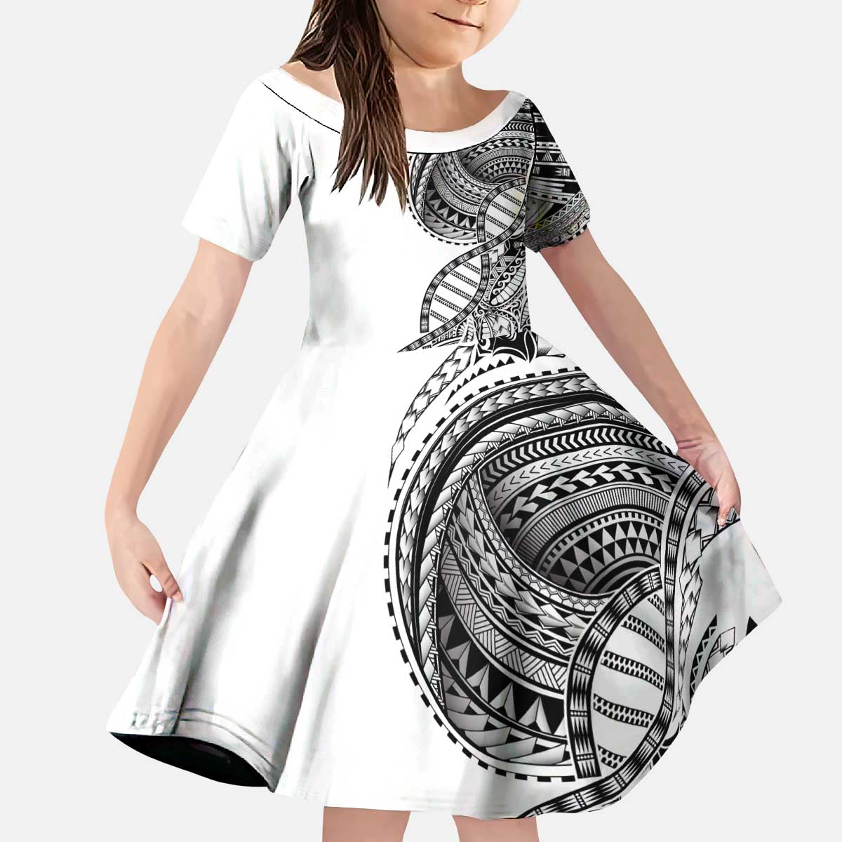 Samoan DNA Art Tattoo Kid Short Sleeve Dress Polynesian Pattern White Color