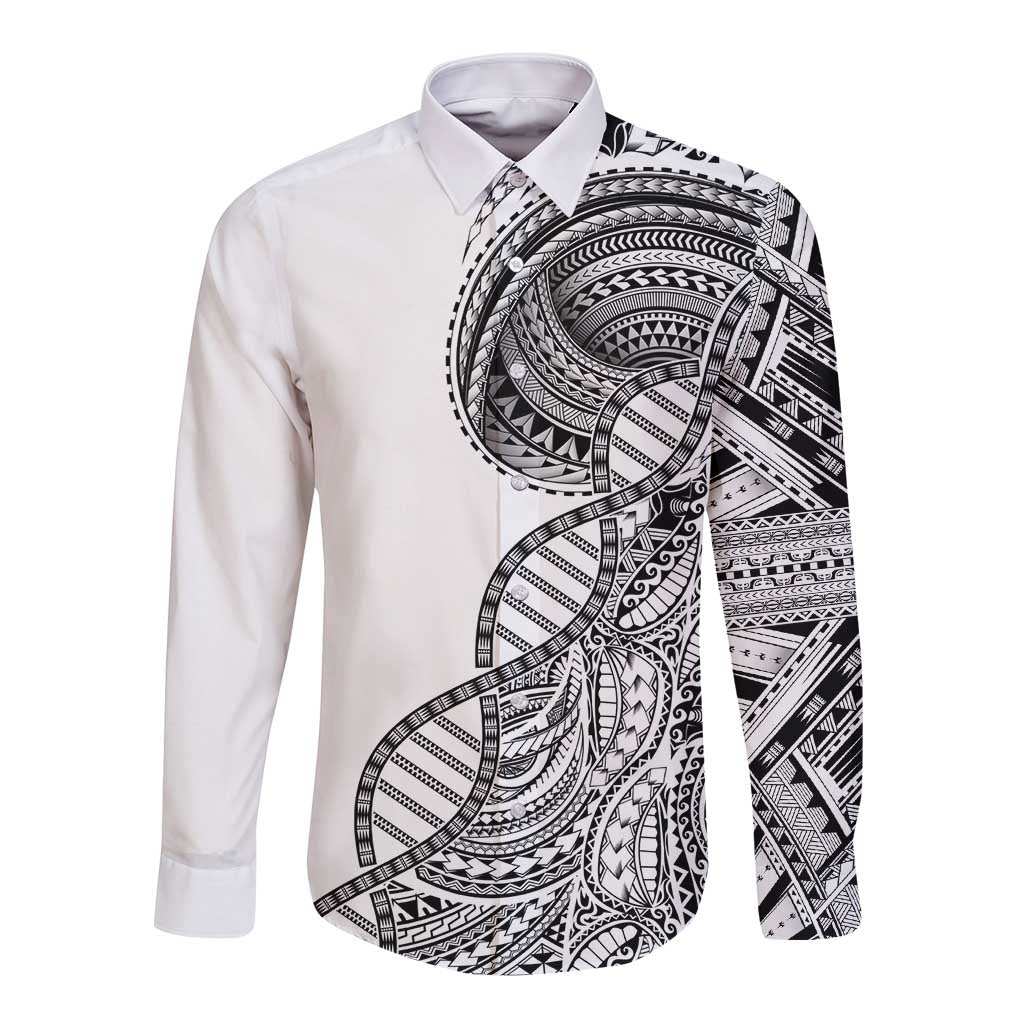 Samoan DNA Art Tattoo Long Sleeve Button Shirt Polynesian Pattern White Color