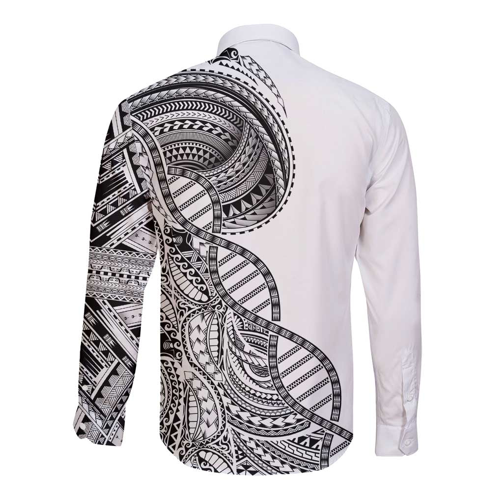 Samoan DNA Art Tattoo Long Sleeve Button Shirt Polynesian Pattern White Color