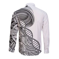 Samoan DNA Art Tattoo Long Sleeve Button Shirt Polynesian Pattern White Color