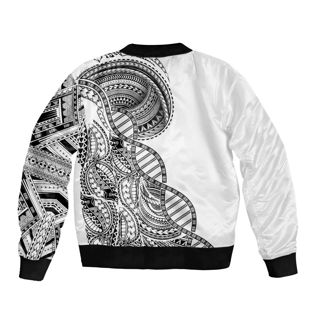 Samoan DNA Art Tattoo Sleeve Zip Bomber Jacket Polynesian Pattern White Color