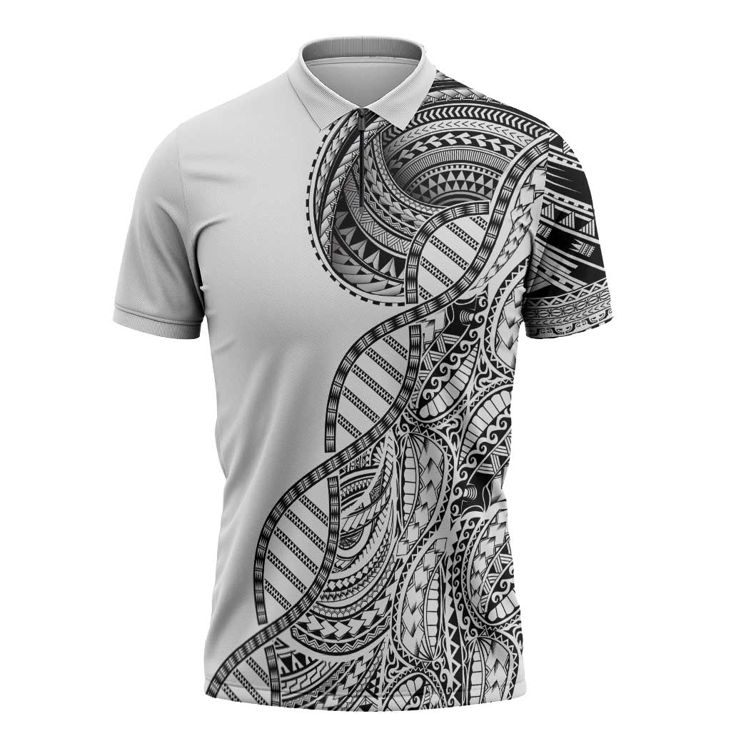 Samoan DNA Art Tattoo Zipper Polo Shirt Polynesian Pattern White Color