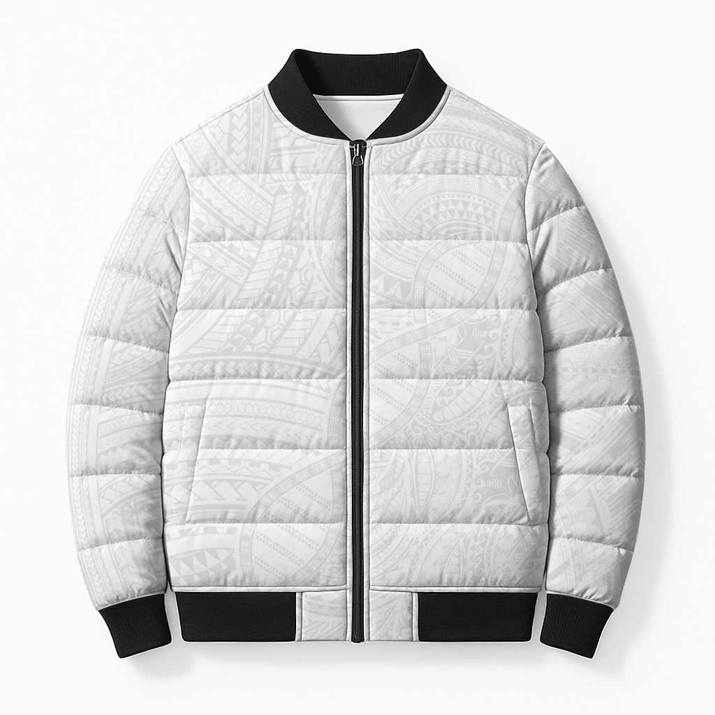 Samoan DNA Art Tattoo Bomber Puffer Jacket Polynesian Pattern All White