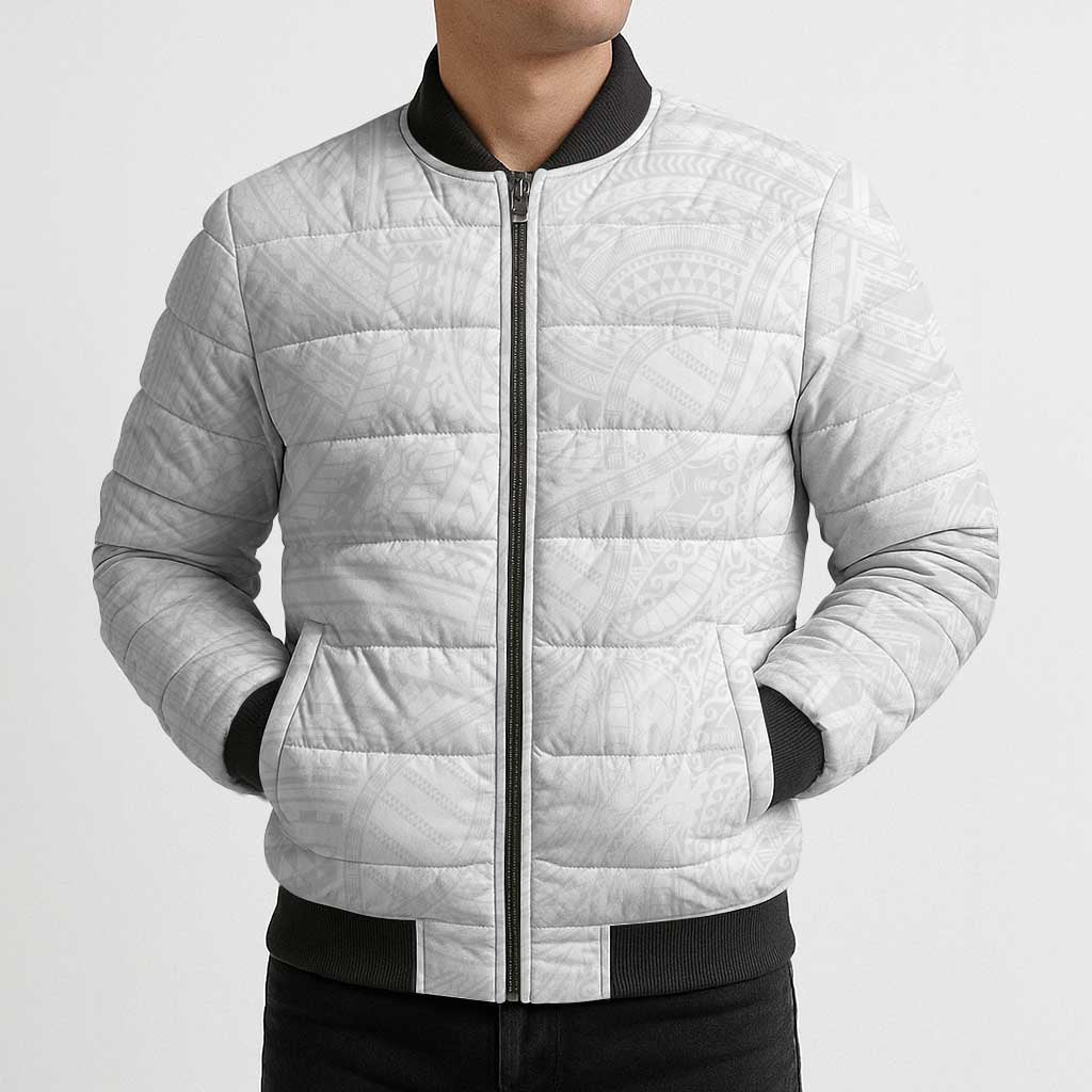 Samoan DNA Art Tattoo Bomber Puffer Jacket Polynesian Pattern All White