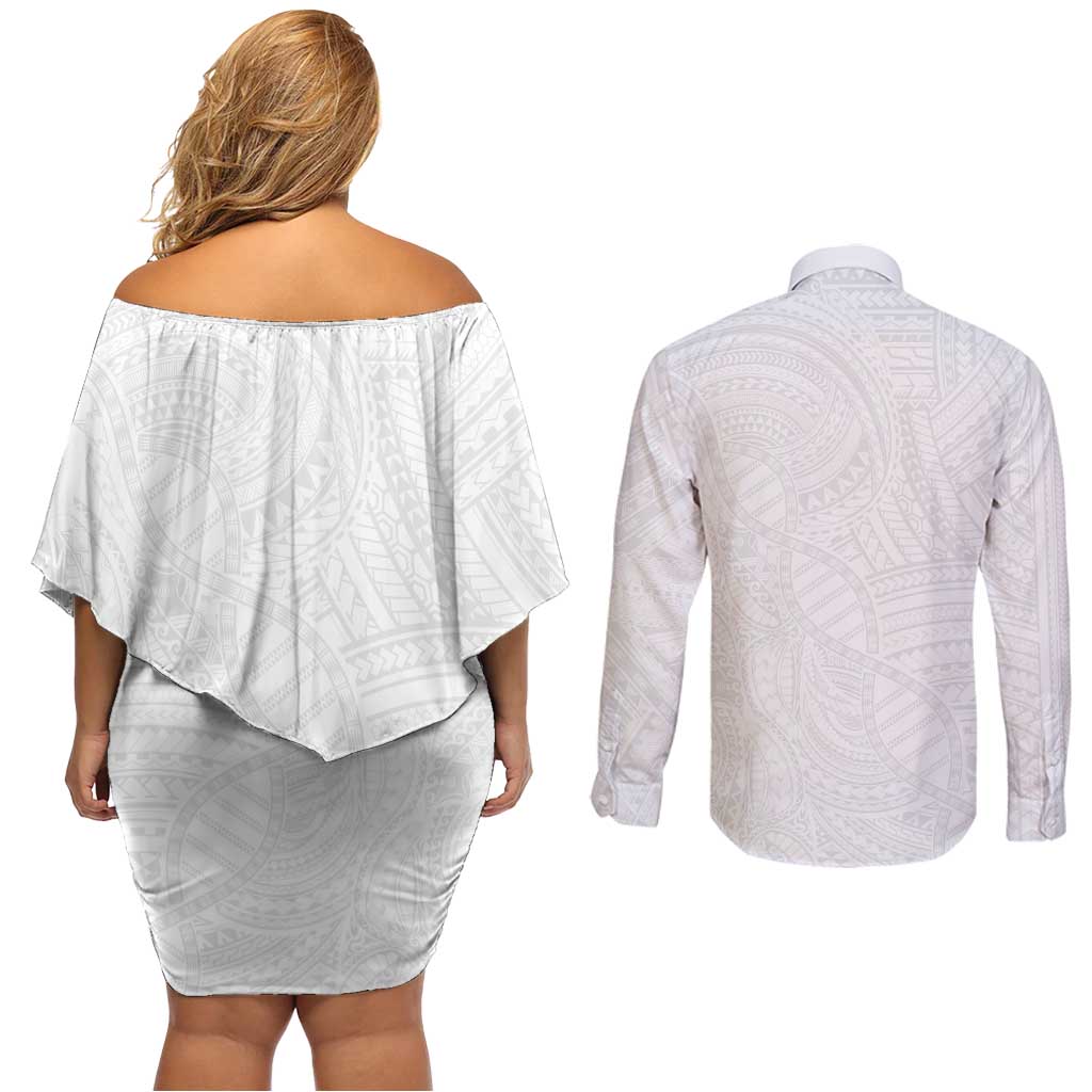 Samoan DNA Art Tattoo Couples Matching Off Shoulder Short Dress and Long Sleeve Button Shirt Polynesian Pattern All White LT03 - Polynesian Pride