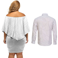 Samoan DNA Art Tattoo Couples Matching Off Shoulder Short Dress and Long Sleeve Button Shirt Polynesian Pattern All White LT03 - Polynesian Pride