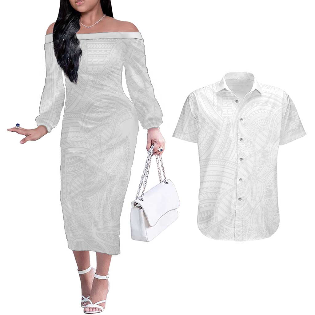 Samoan DNA Art Tattoo Couples Matching Off The Shoulder Long Sleeve Dress and Hawaiian Shirt Polynesian Pattern All White LT03 White - Polynesian Pride