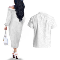 Samoan DNA Art Tattoo Couples Matching Off The Shoulder Long Sleeve Dress and Hawaiian Shirt Polynesian Pattern All White LT03 - Polynesian Pride