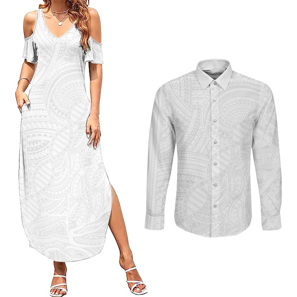 Samoan DNA Art Tattoo Couples Matching Summer Maxi Dress and Long Sleeve Button Shirt Polynesian Pattern All White LT03 White - Polynesian Pride