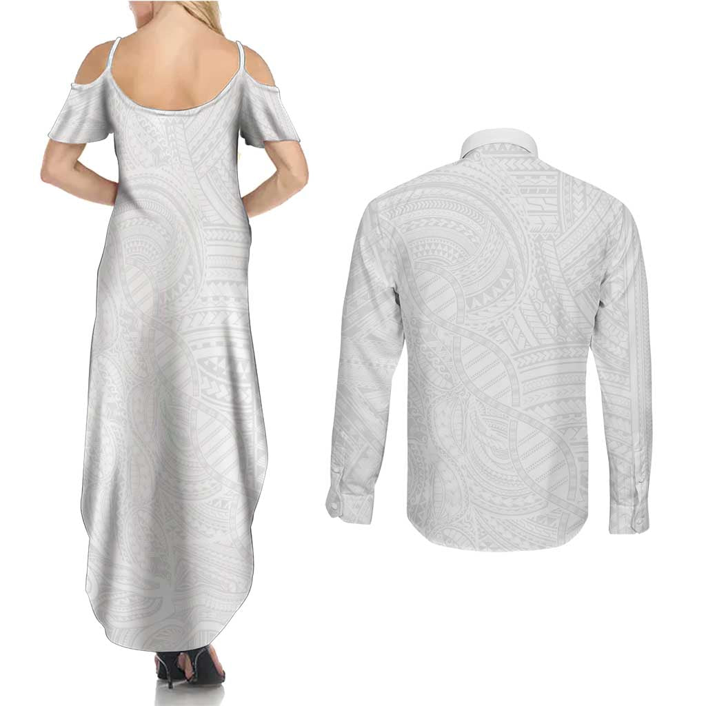 Samoan DNA Art Tattoo Couples Matching Summer Maxi Dress and Long Sleeve Button Shirt Polynesian Pattern All White LT03 - Polynesian Pride