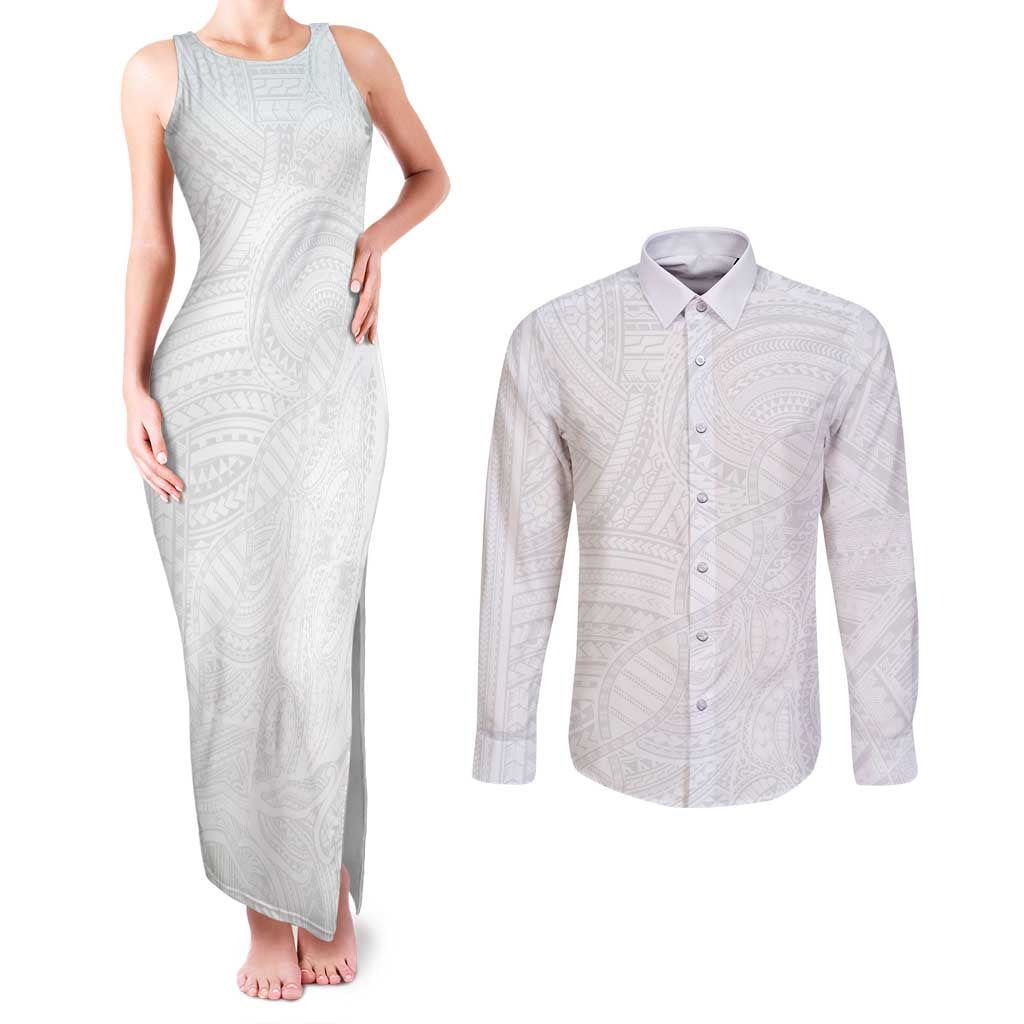 Samoan DNA Art Tattoo Couples Matching Tank Maxi Dress and Long Sleeve Button Shirt Polynesian Pattern All White
