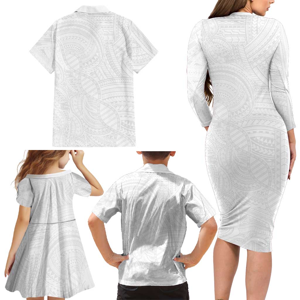 Samoan DNA Art Tattoo Family Matching Long Sleeve Bodycon Dress and Hawaiian Shirt Polynesian Pattern All White LT03 - Polynesian Pride
