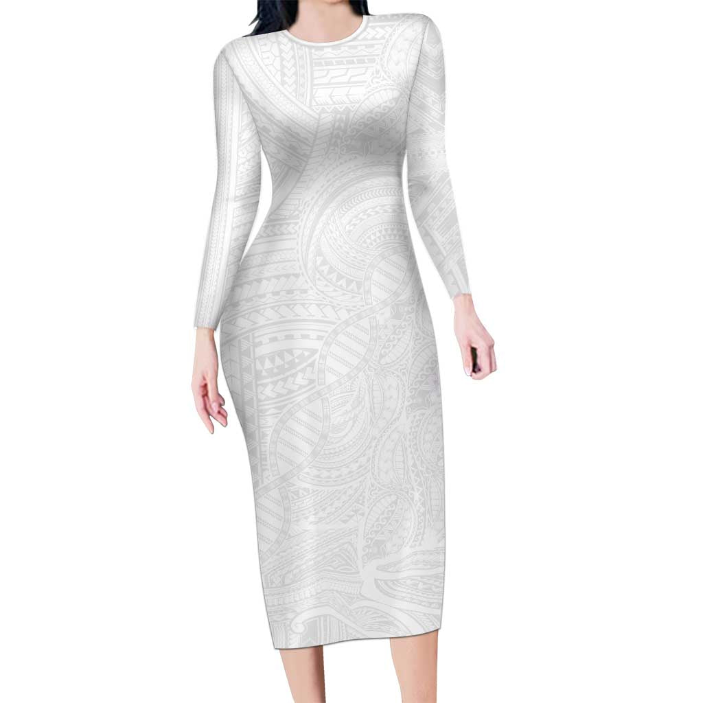 Samoan DNA Art Tattoo Family Matching Long Sleeve Bodycon Dress and Hawaiian Shirt Polynesian Pattern All White LT03 Mom's Dress White - Polynesian Pride