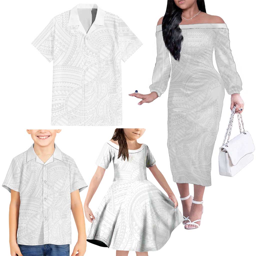Samoan DNA Art Tattoo Family Matching Off The Shoulder Long Sleeve Dress and Hawaiian Shirt Polynesian Pattern All White LT03 - Polynesian Pride