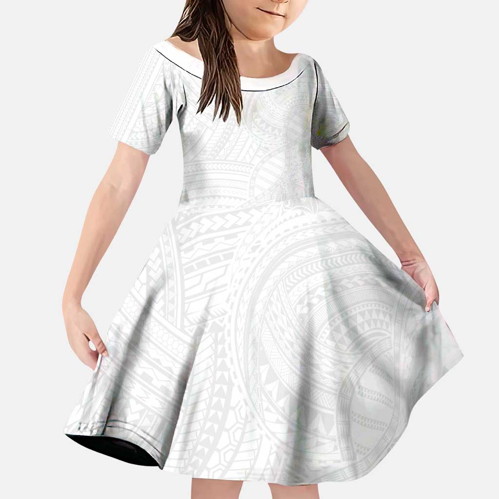 Samoan DNA Art Tattoo Family Matching Off Shoulder Maxi Dress and Hawaiian Shirt Polynesian Pattern All White LT03 Daughter's Dress White - Polynesian Pride