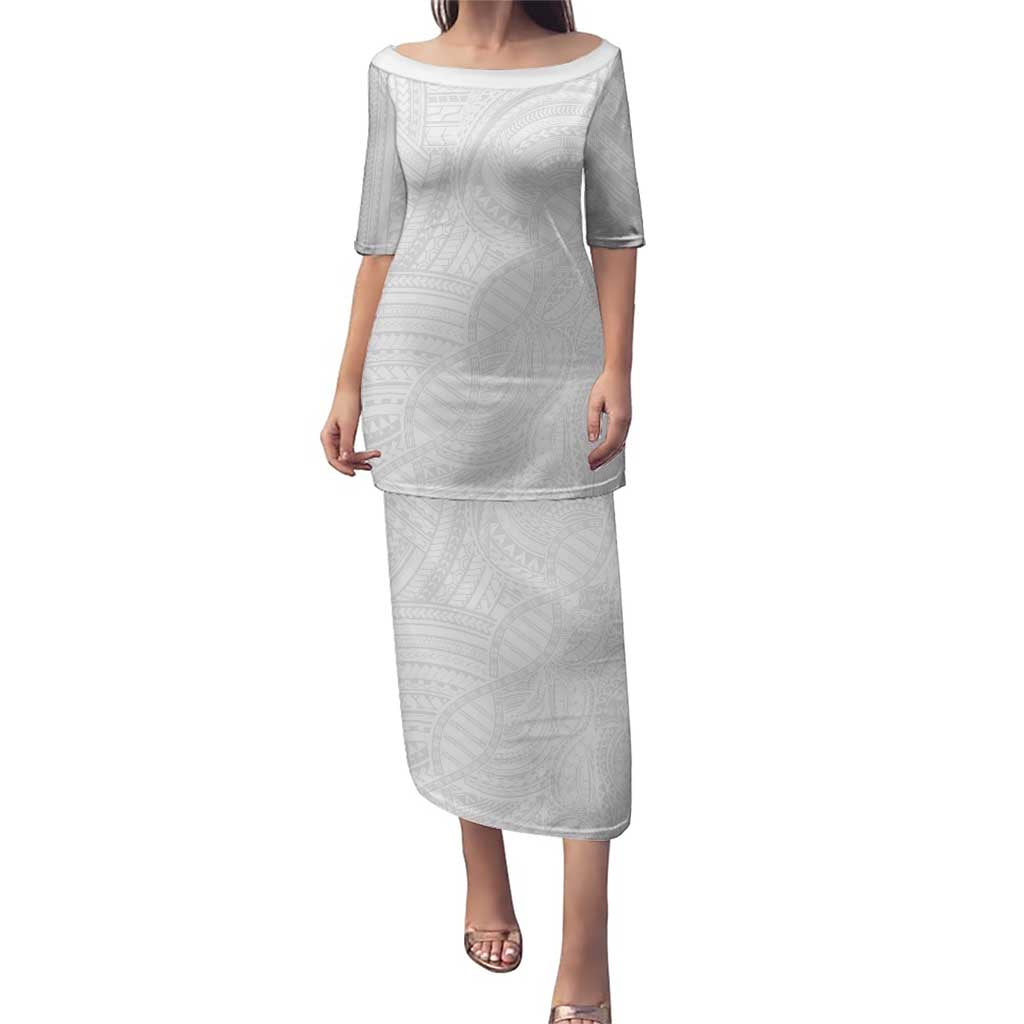 Samoan DNA Art Tattoo Family Matching Puletasi and Hawaiian Shirt Polynesian Pattern All White LT03 Mom's Dress White - Polynesian Pride