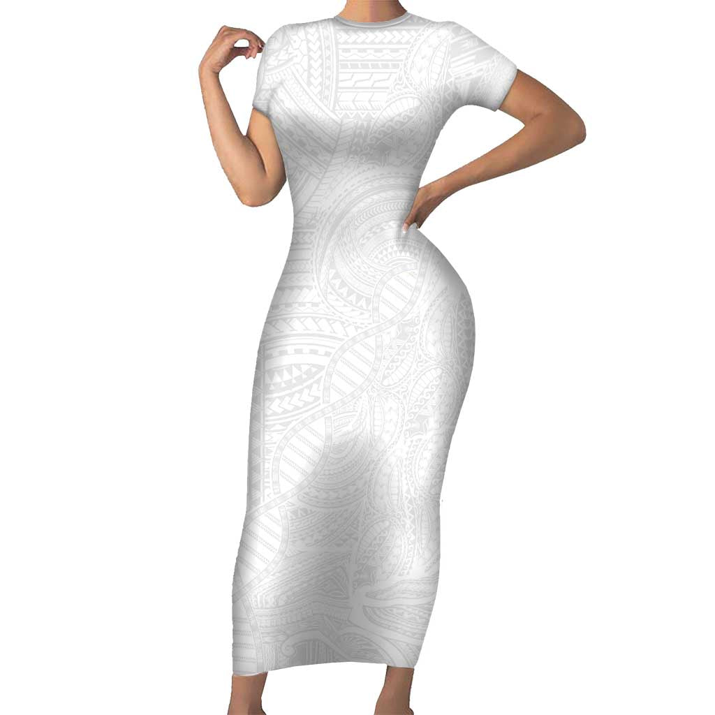 Samoan DNA Art Tattoo Family Matching Short Sleeve Bodycon Dress and Hawaiian Shirt Polynesian Pattern All White LT03 Mom's Dress White - Polynesian Pride