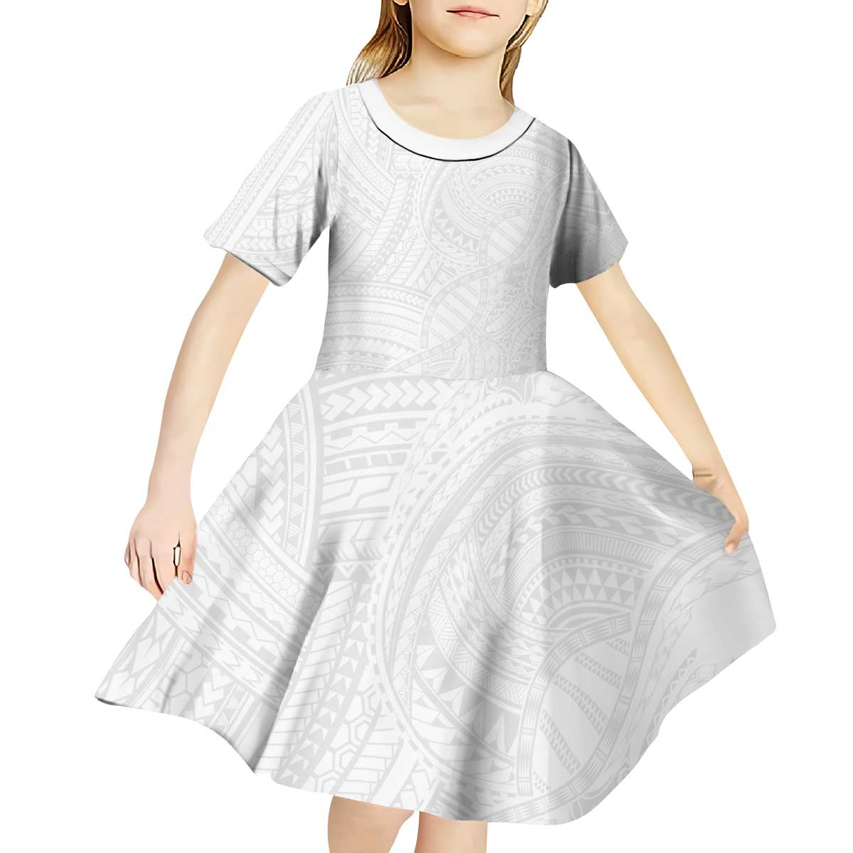 Samoan DNA Art Tattoo Kid Short Sleeve Dress Polynesian Pattern All White