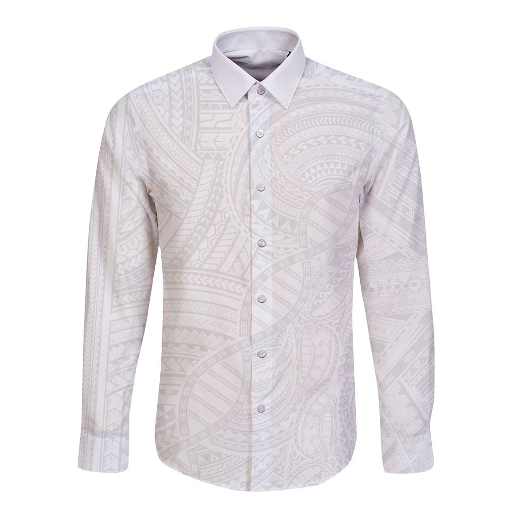 Samoan DNA Art Tattoo Long Sleeve Button Shirt Polynesian Pattern All White