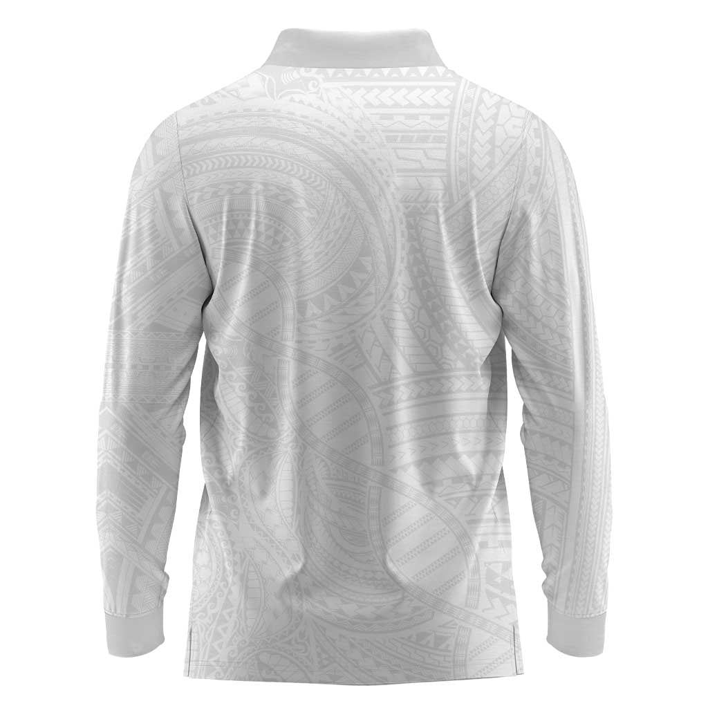 Samoan DNA Art Tattoo Long Sleeve Polo Shirt Polynesian Pattern All White