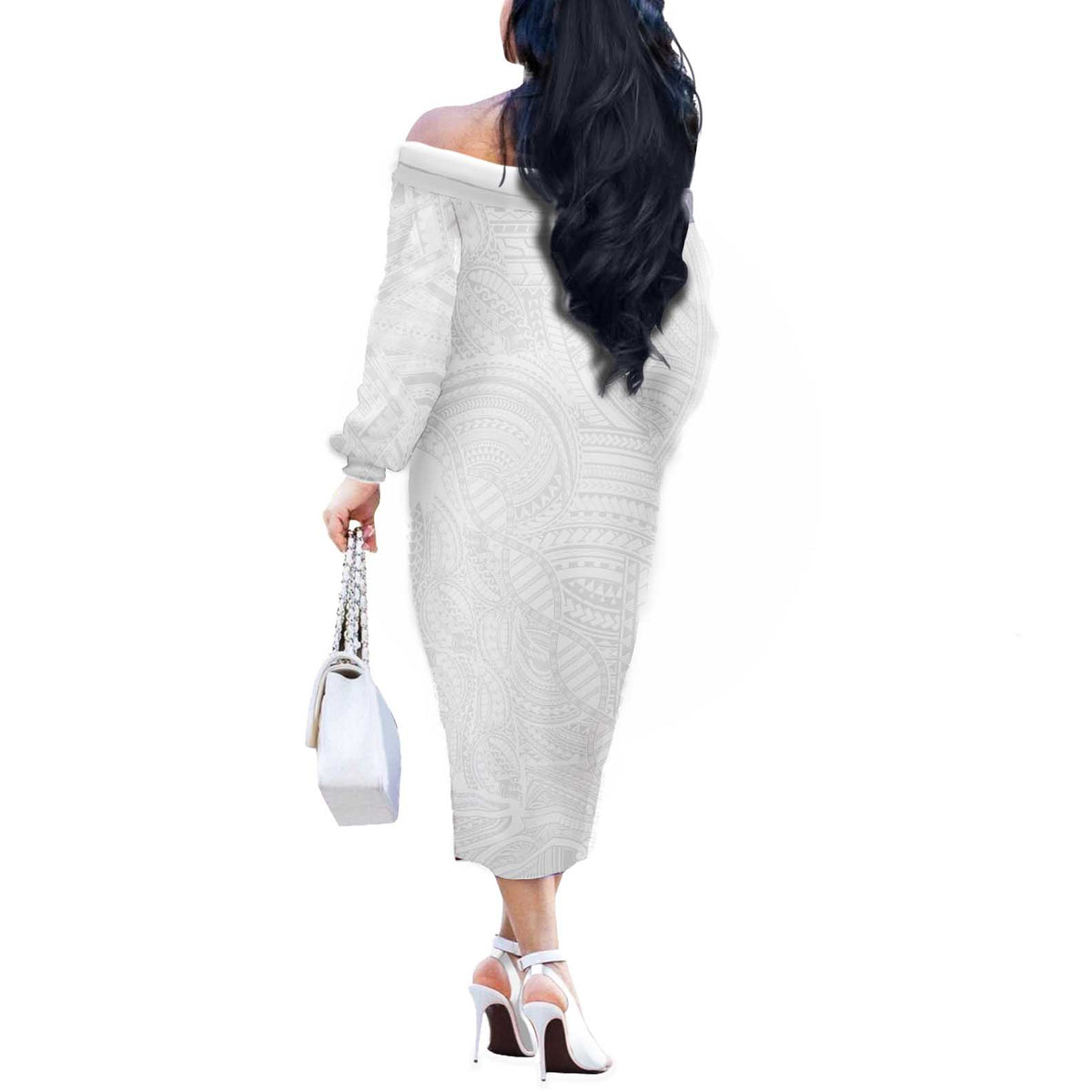 Samoan DNA Art Tattoo Off The Shoulder Long Sleeve Dress Polynesian Pattern All White