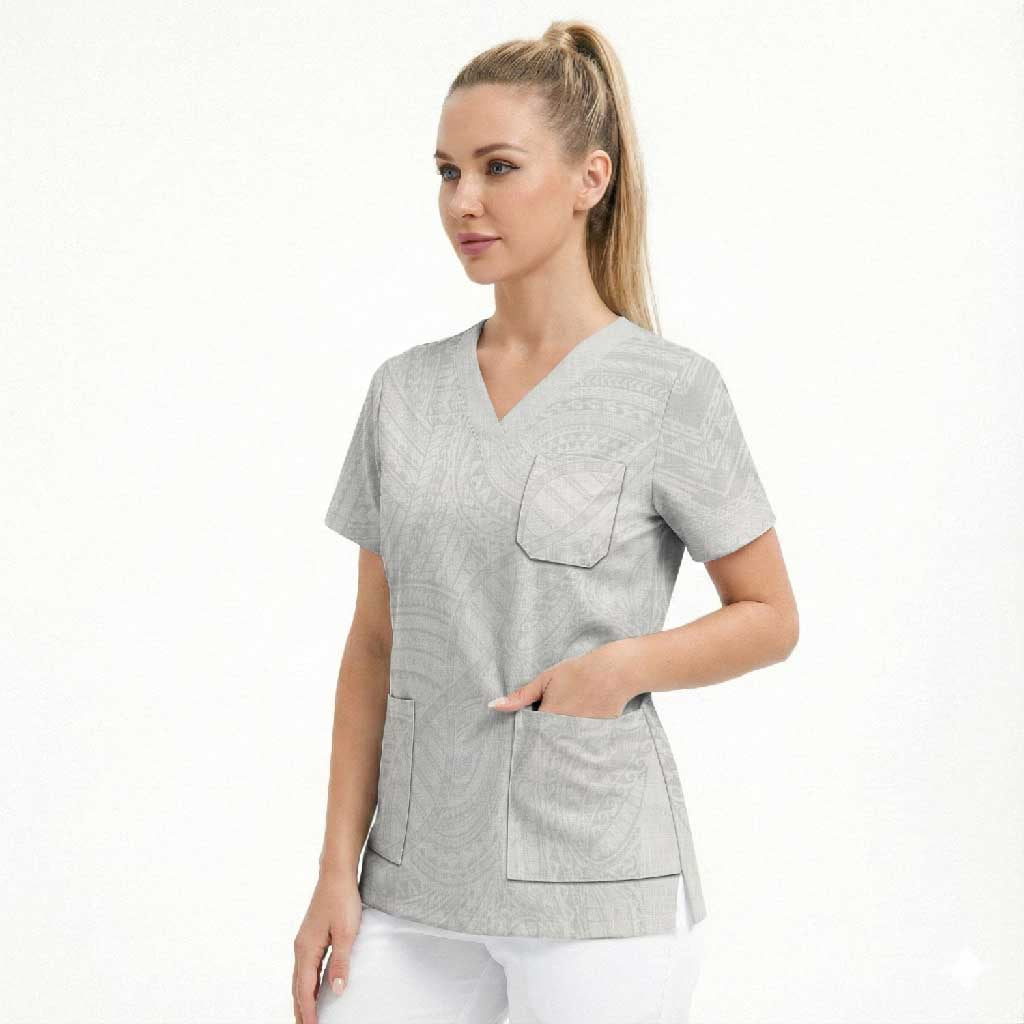Samoan DNA Art Tattoo Scrub Top Polynesian Pattern All White