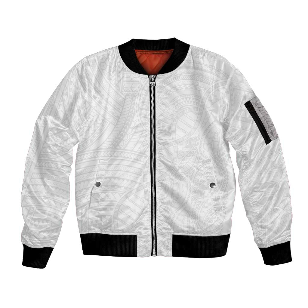 Samoan DNA Art Tattoo Sleeve Zip Bomber Jacket Polynesian Pattern All White