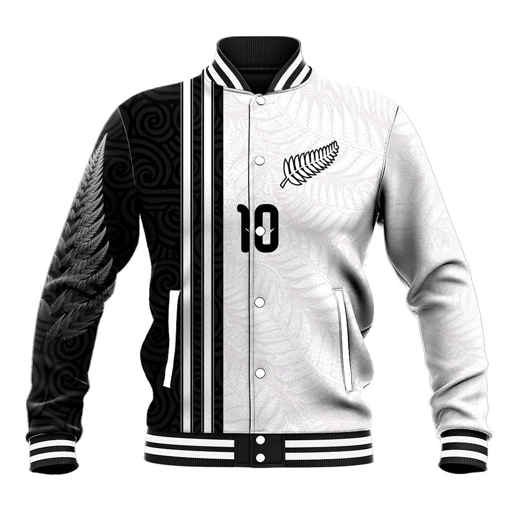 Custom New Zealand Football Baseball Jacket Silver Fern and Maori Tribal Black White Half Sporty Style