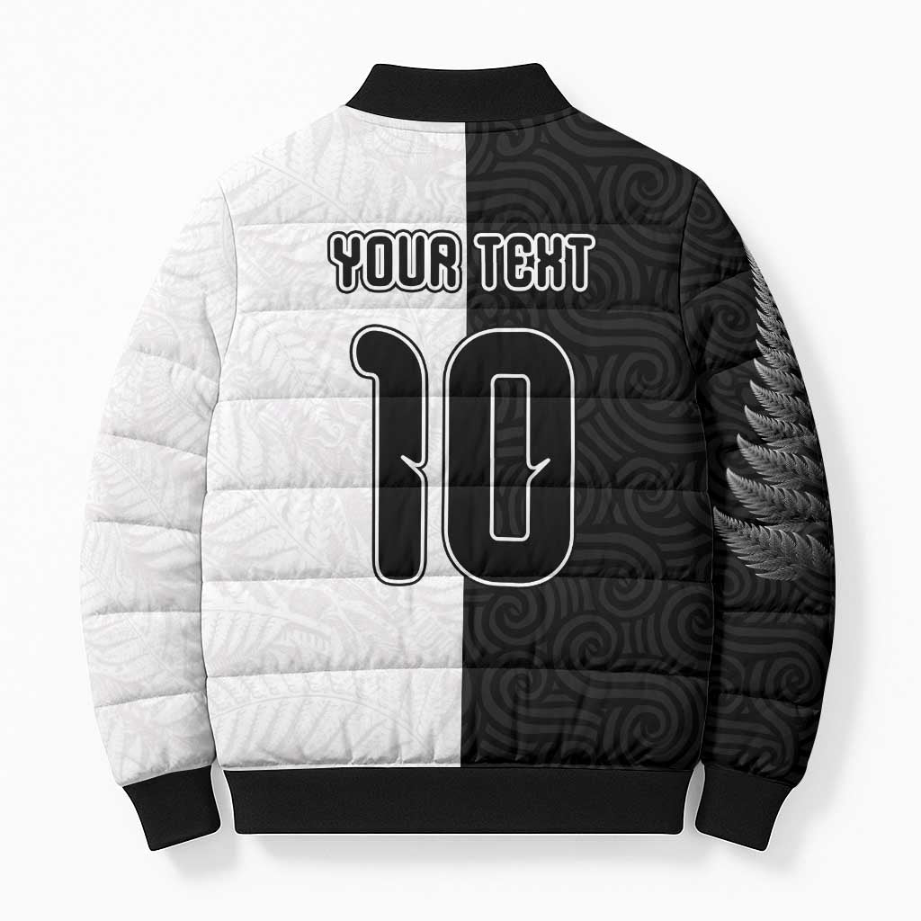 Custom New Zealand Football Bomber Puffer Jacket Silver Fern and Maori Tribal Black White Half Sporty Style