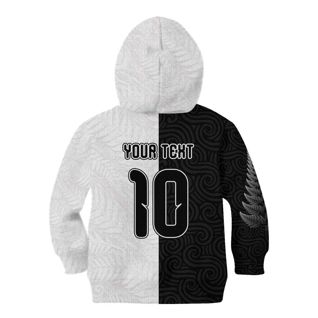 Custom New Zealand Football Kid Hoodie Silver Fern and Maori Tribal Black White Half Sporty Style LT03 - Polynesian Pride