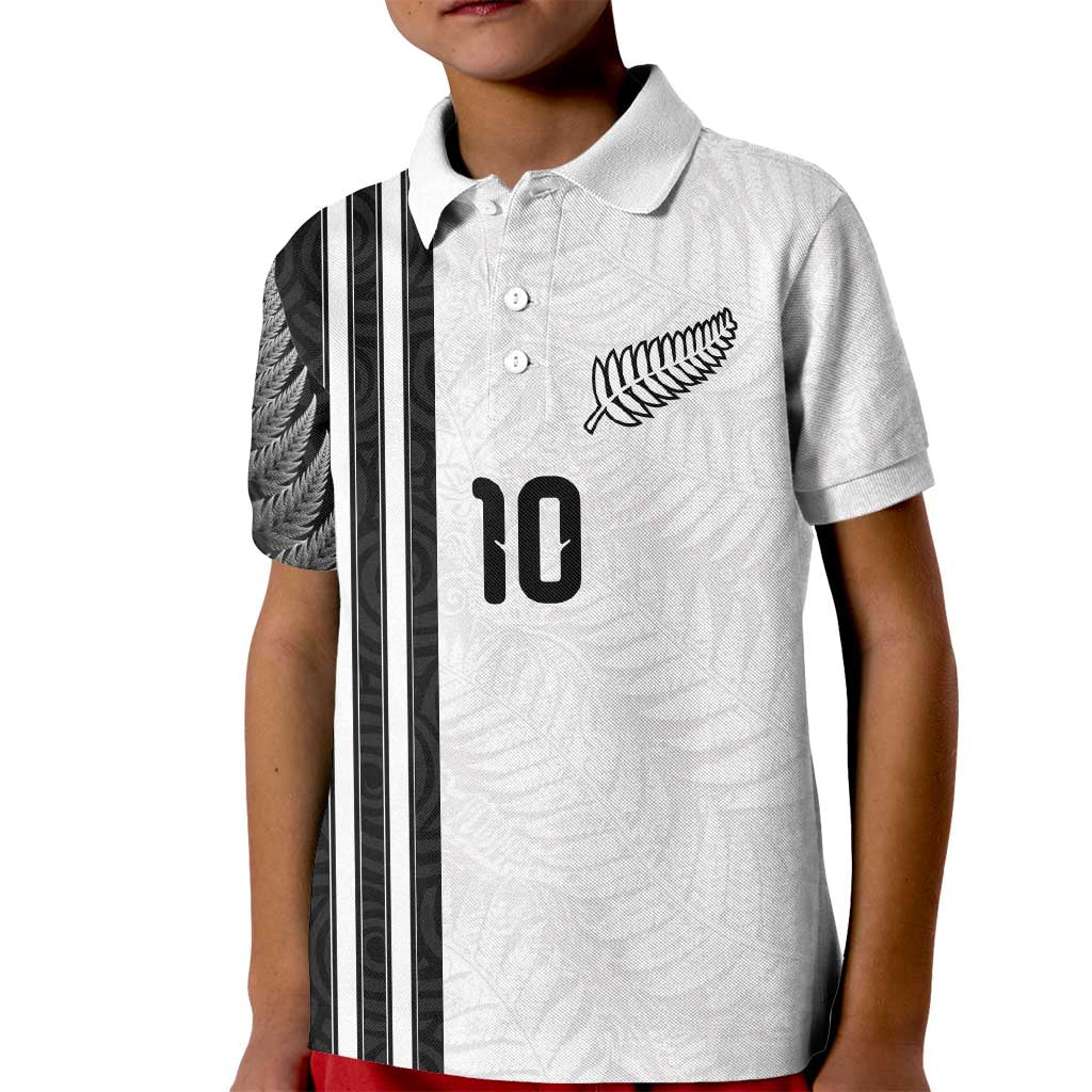 Custom New Zealand Football Kid Polo Shirt Silver Fern and Maori Tribal Black White Half Sporty Style