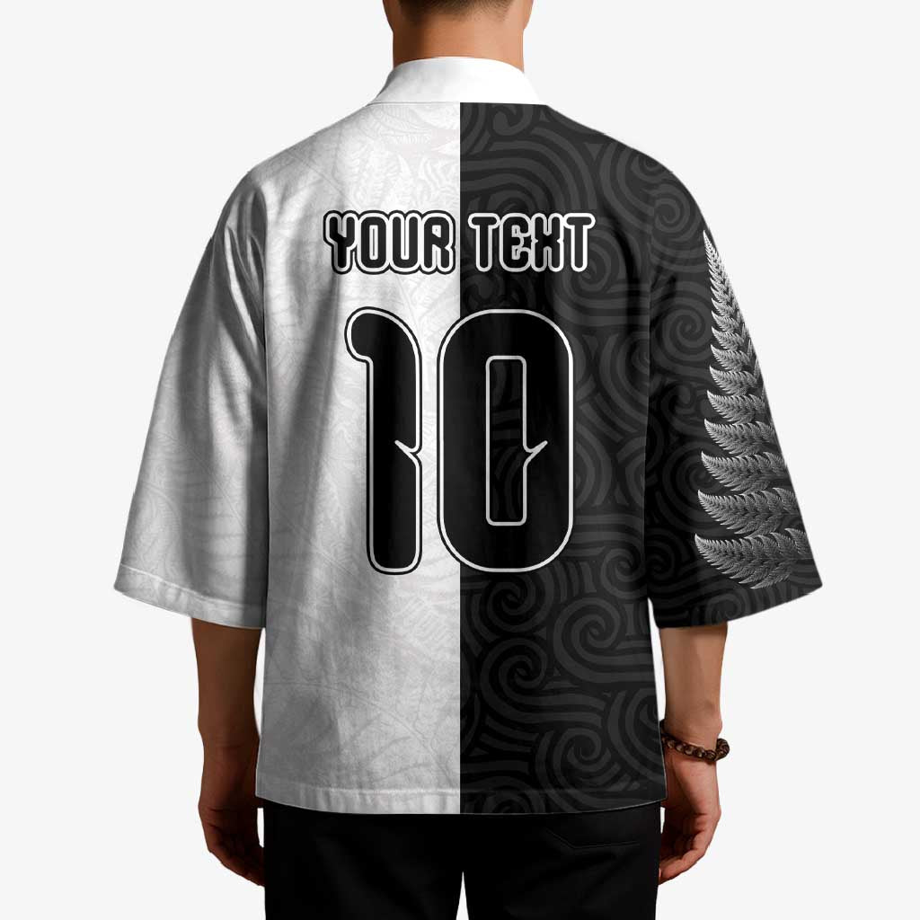 Custom New Zealand Football Kimono Silver Fern and Maori Tribal Black White Half Sporty Style LT03 - Polynesian Pride