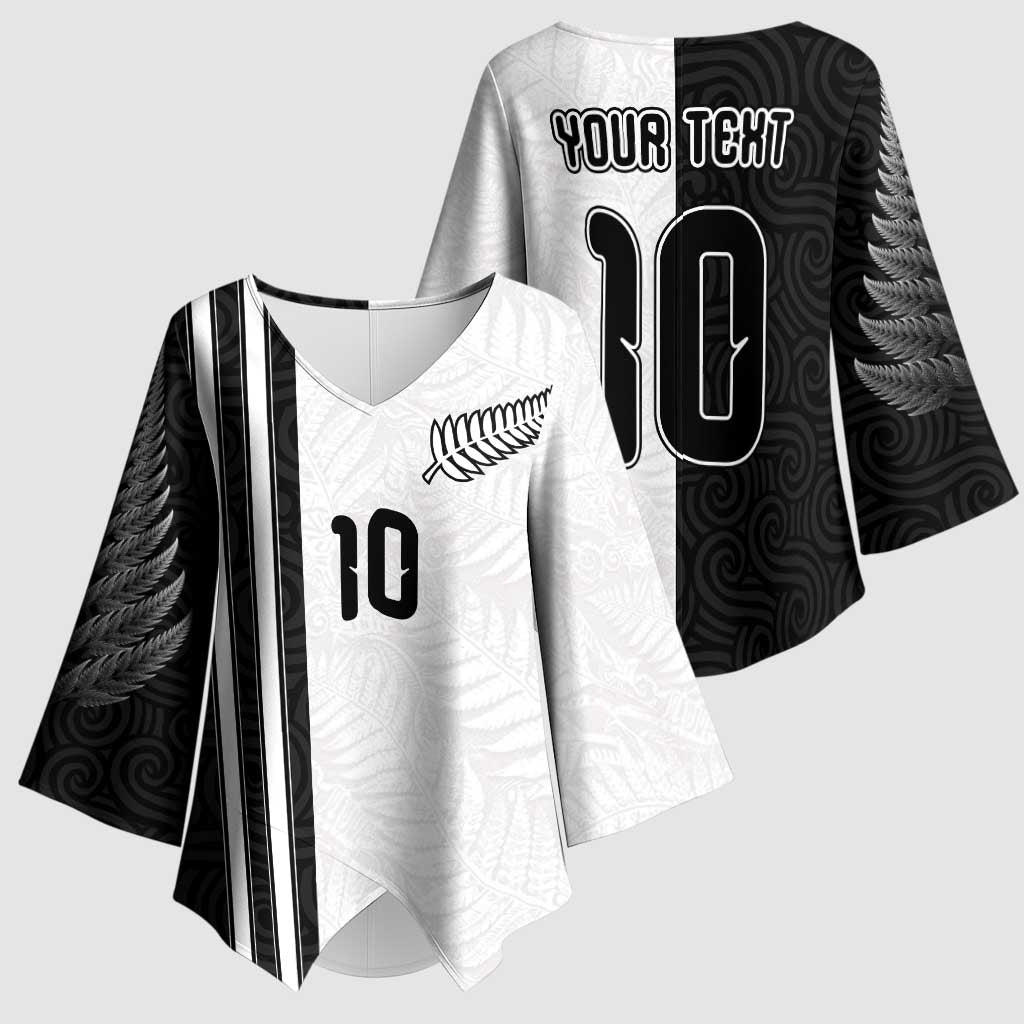 Custom New Zealand Football Kimono Sleeve Blouse Silver Fern and Maori Tribal Black White Half Sporty Style LT03 - Polynesian Pride