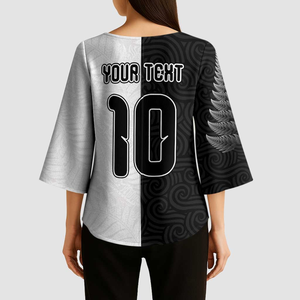 Custom New Zealand Football Kimono Sleeve Blouse Silver Fern and Maori Tribal Black White Half Sporty Style LT03 - Polynesian Pride