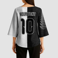 Custom New Zealand Football Kimono Sleeve Blouse Silver Fern and Maori Tribal Black White Half Sporty Style LT03 - Polynesian Pride