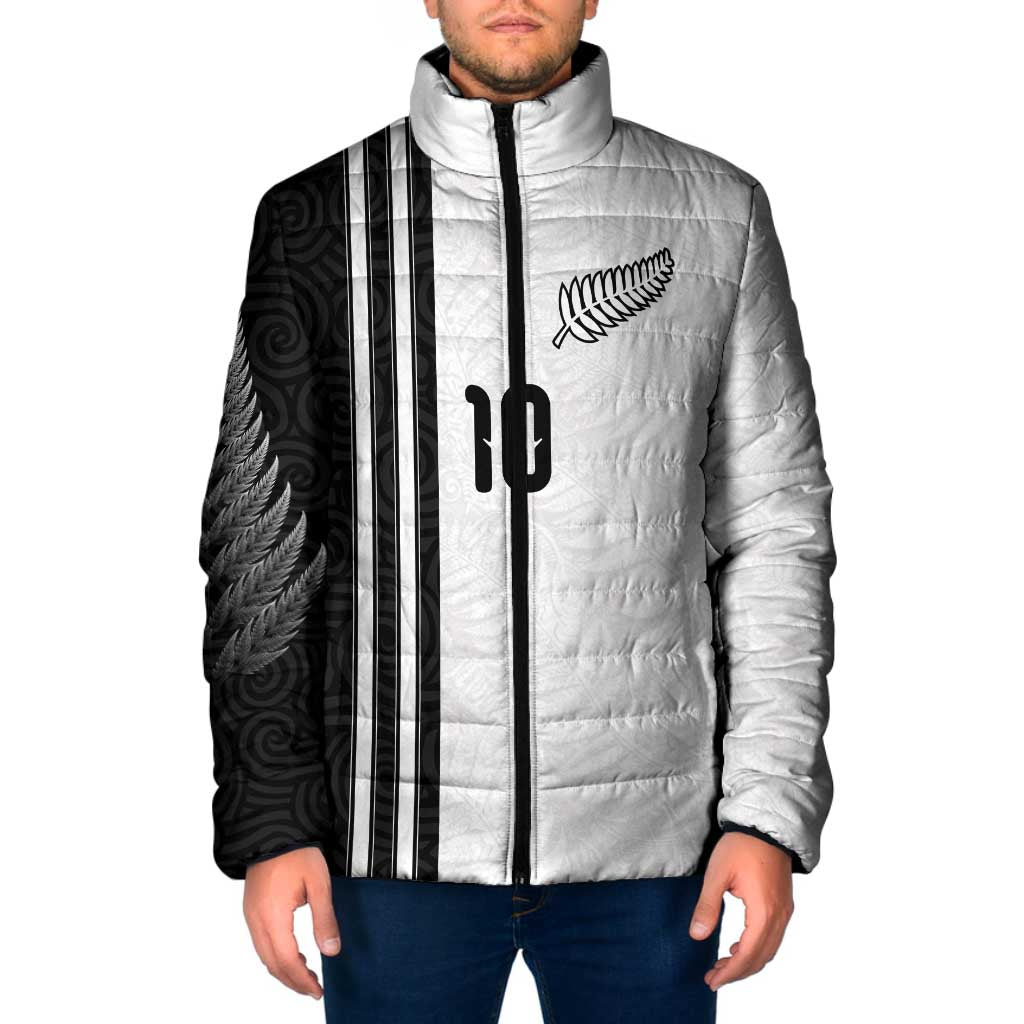 Custom New Zealand Football Padded Jacket Silver Fern and Maori Tribal Black White Half Sporty Style