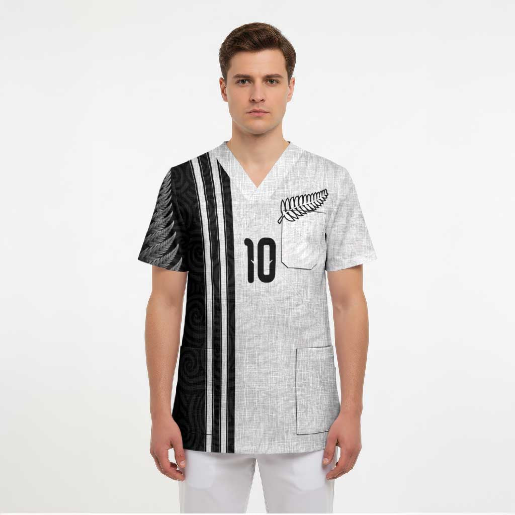 Custom New Zealand Football Scrub Top Silver Fern and Maori Tribal Black White Half Sporty Style