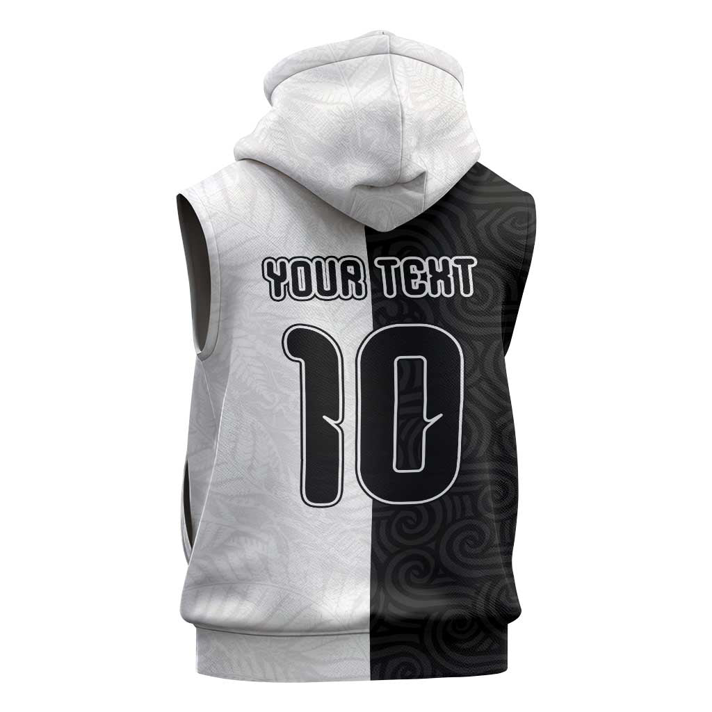 Custom New Zealand Football Sleeveless Hoodie Silver Fern and Maori Tribal Black White Half Sporty Style LT03 - Polynesian Pride