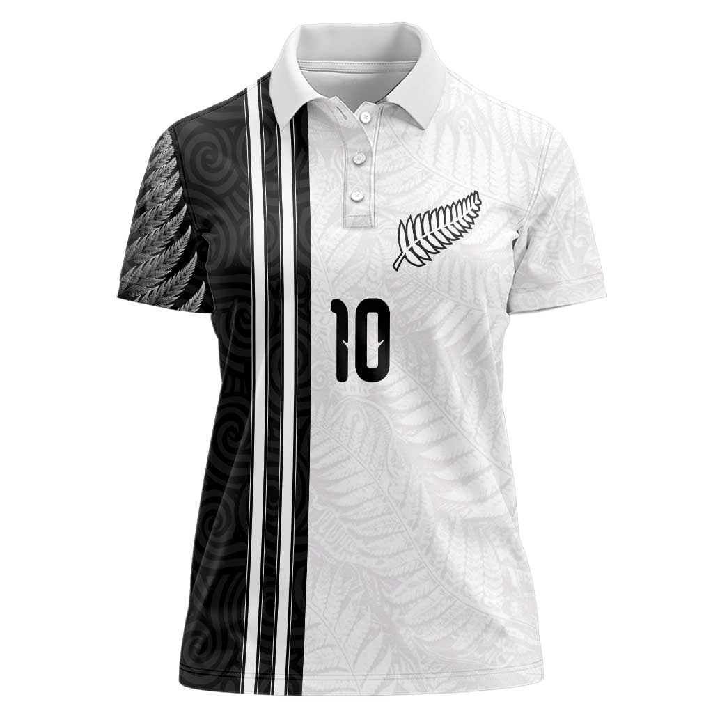 Custom New Zealand Football Women Polo Shirt Silver Fern and Maori Tribal Black White Half Sporty Style
