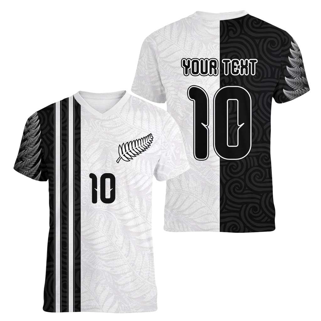 Custom New Zealand Football Women V-Neck T-Shirt Silver Fern and Maori Tribal Black White Half Sporty Style LT03 - Polynesian Pride