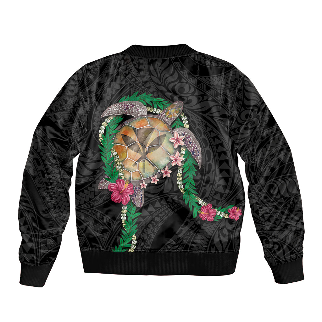 Hawaii Pikake and Maile Lei Bomber Jacket Honu Polynesian Pattern Black Color