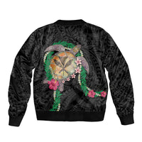 Hawaii Pikake and Maile Lei Bomber Jacket Honu Polynesian Pattern Black Color