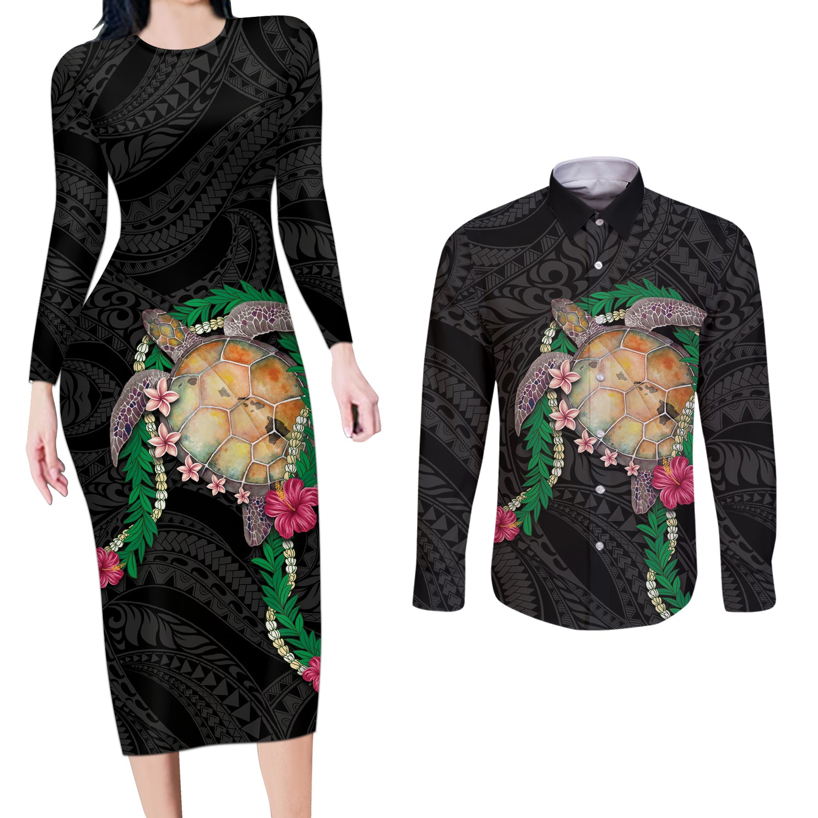 Hawaii Pikake and Maile Lei Couples Matching Long Sleeve Bodycon Dress and Long Sleeve Button Shirt Honu Polynesian Pattern Black Color