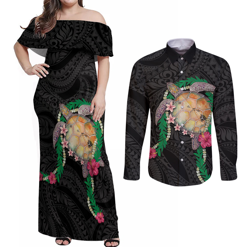 Hawaii Pikake and Maile Lei Couples Matching Off Shoulder Maxi Dress and Long Sleeve Button Shirt Honu Polynesian Pattern Black Color